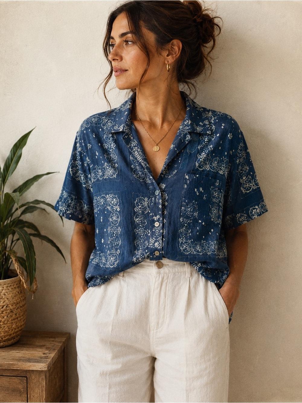 D&D 100% Linen Portugal Blue Bandana Print Camp Shirt M Relaxed Coastal Boho